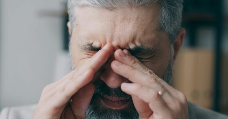 Man over 40 sitting at a desk rubbing his temples while struggling to concentrate due to brain fog