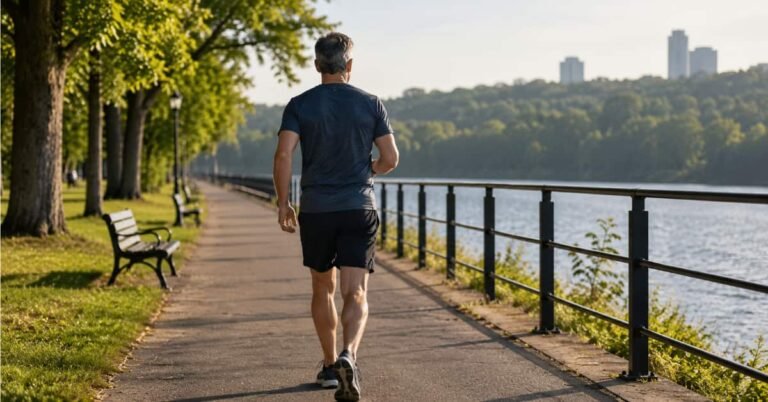 Man over 40 walking briskly outdoors for heart health and cardiovascular endurance